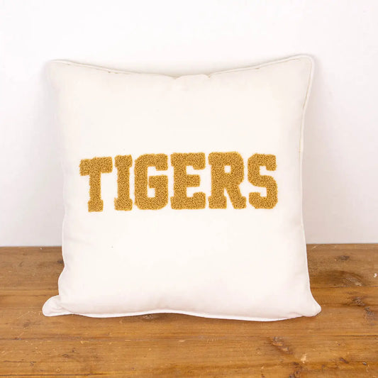 Tigers Embroidered Pillow Soft White/Gold 16x16
