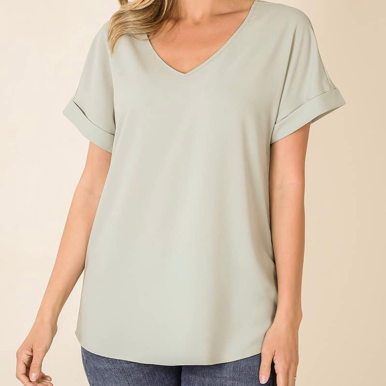 Woven Heavy Dobby Rolled Sleeve V-Neck Top Light Sage