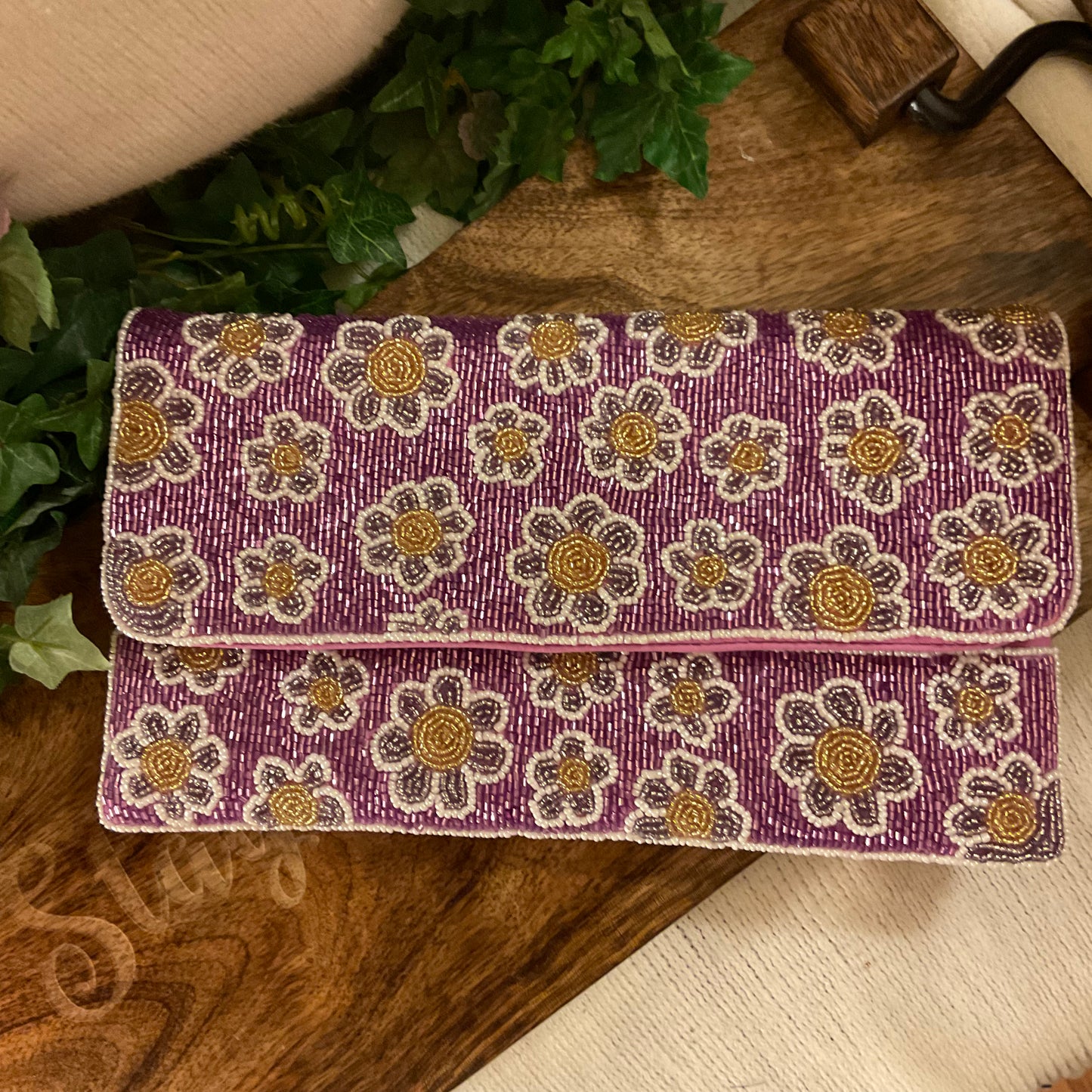 Purple and Gold Flower Seed Bead Handbag