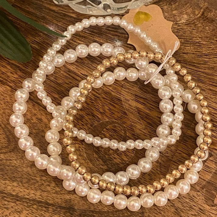 Faux Pearl And Gold Beaded Stretch Bracelet Set