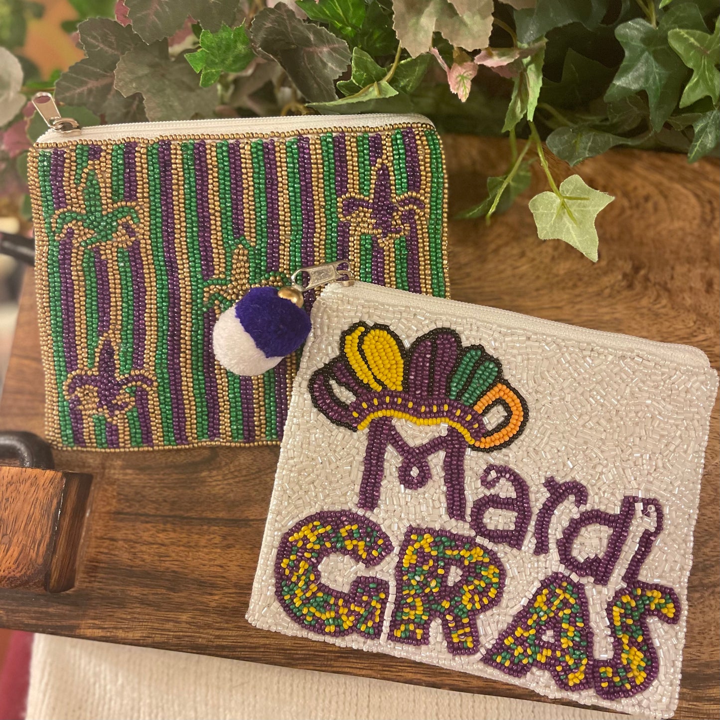 Mardi Gras Seed Bead Zippered Pouch