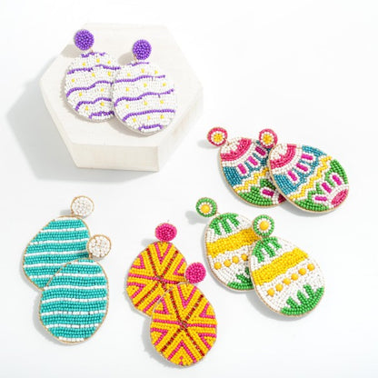 Easter Egg Seed Beaded Drop Earring With Dyed Print Designs