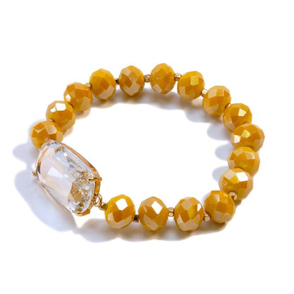 Bracelets - Mustard Color Beaded Stretch Bracelet with Clear Center Stone