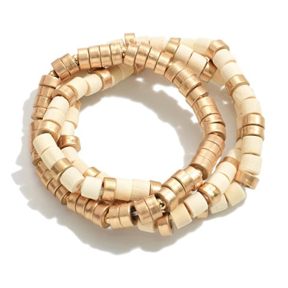 Stretch Bracelet Set with Gold Tone and Ivory Wood Beads