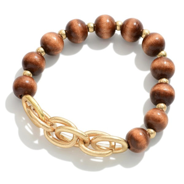 Beaded Wood Stretch Bracelet with Chainlink Accent