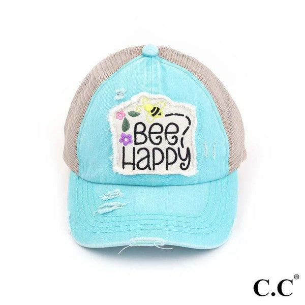 Distressed Embroidered Bee Happy Patch Pony Cap