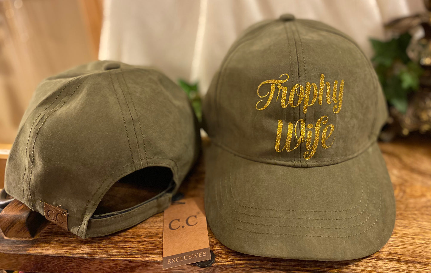 Trophy Wife Ponytail Hat Olive With Gold Writing