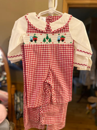 Red Checkered Christmas Truck Smocked Baby Romper