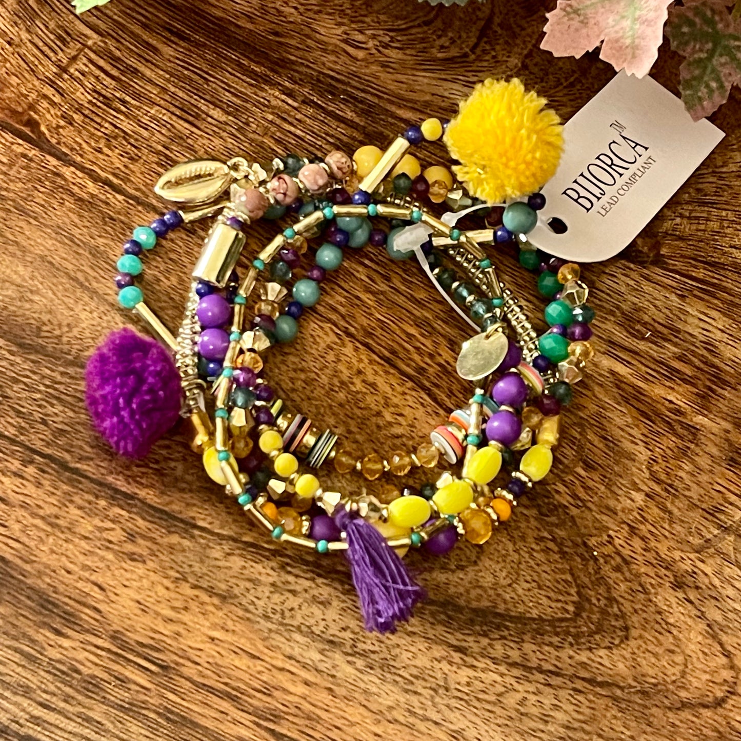 Mardi Gras Stretch Bracelet Set with Pom Poms