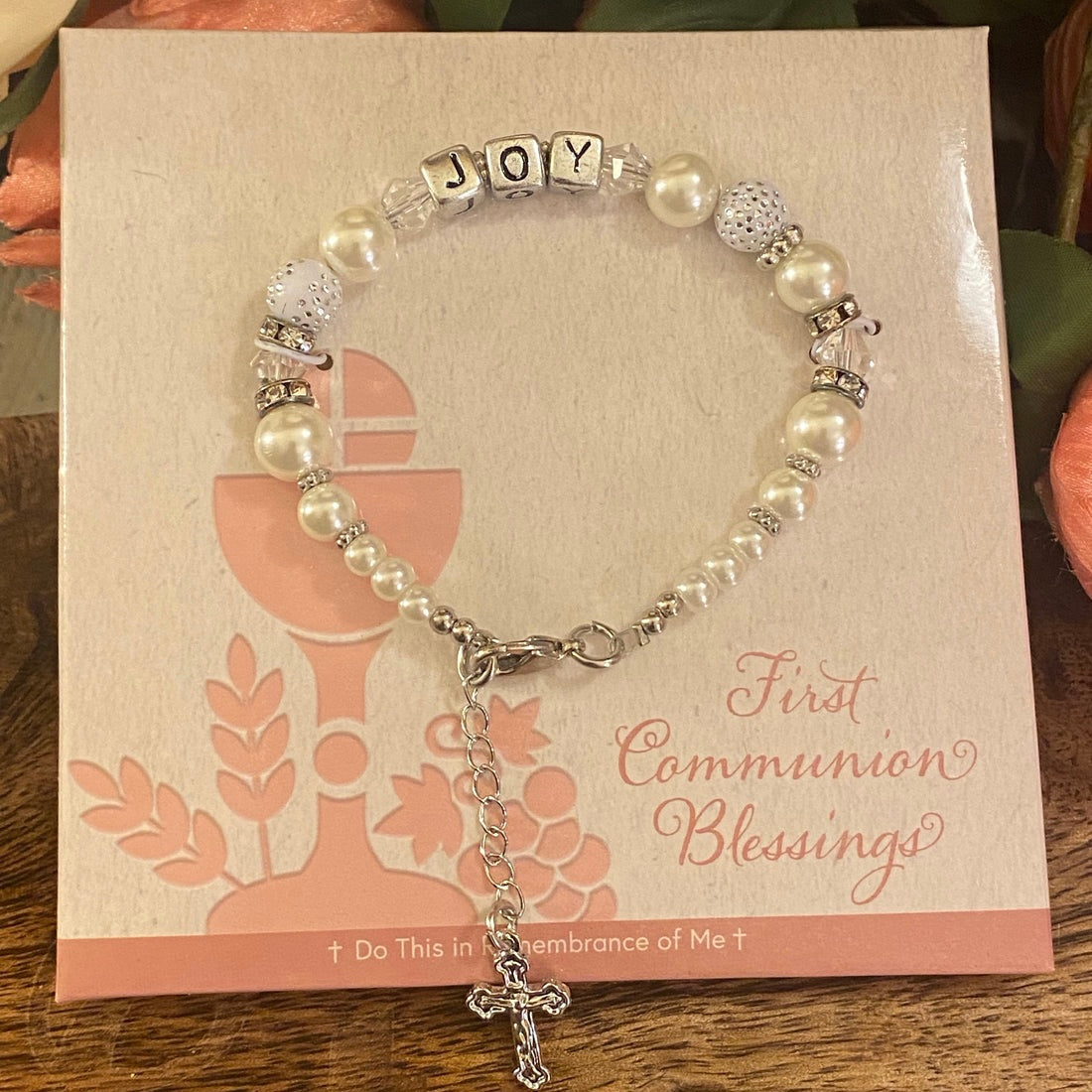 First Communion Beaded Faux Pearl And Clear Bead JOY Bracelet