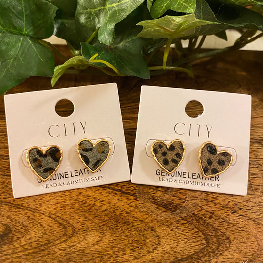 Leather Leopard Print Heart Post Back Earrings