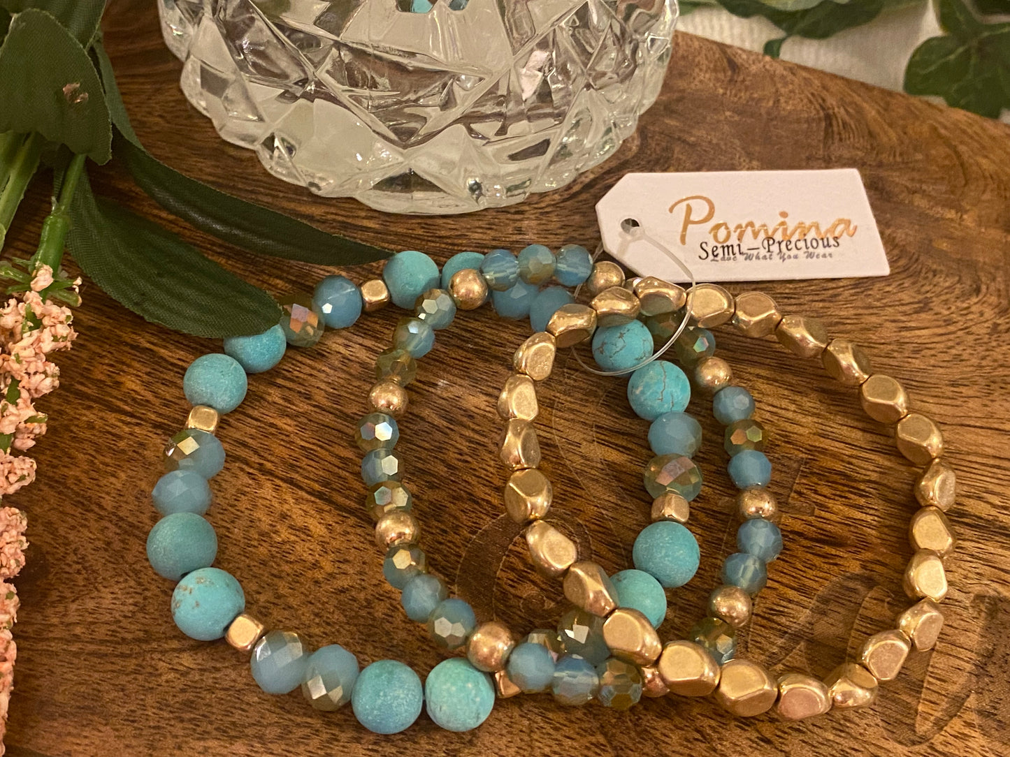 Turquoise and Gold Beads Stretch Bracelet Set