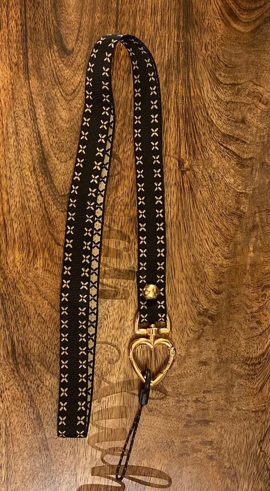 Lanyard • Black Fabric With Tan Pattern and Clip To Attachments