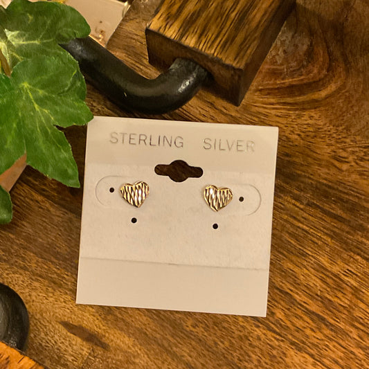 Sterling Silver Diamond Cut Heart Post Back Earrings