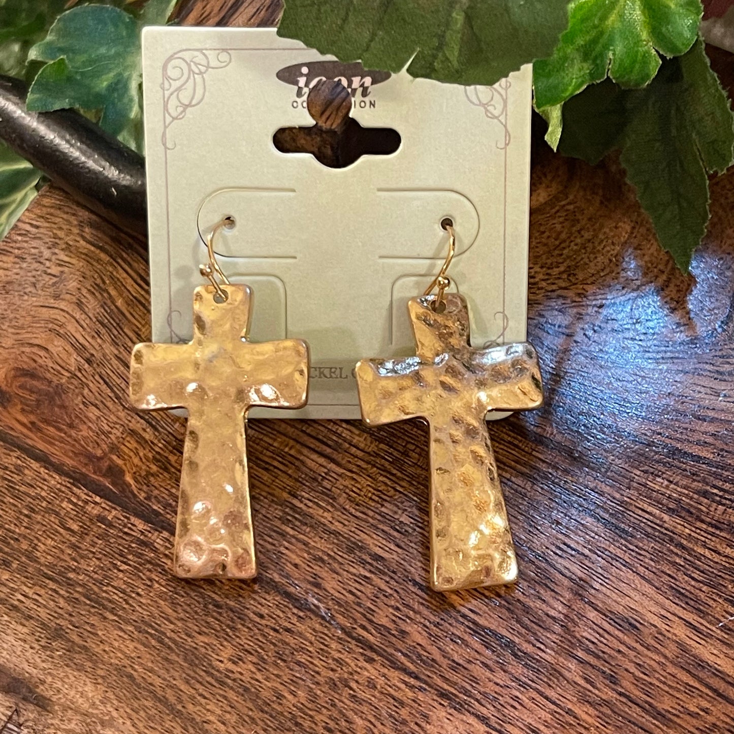 Hammered Gold Cross Dangle Earrings
