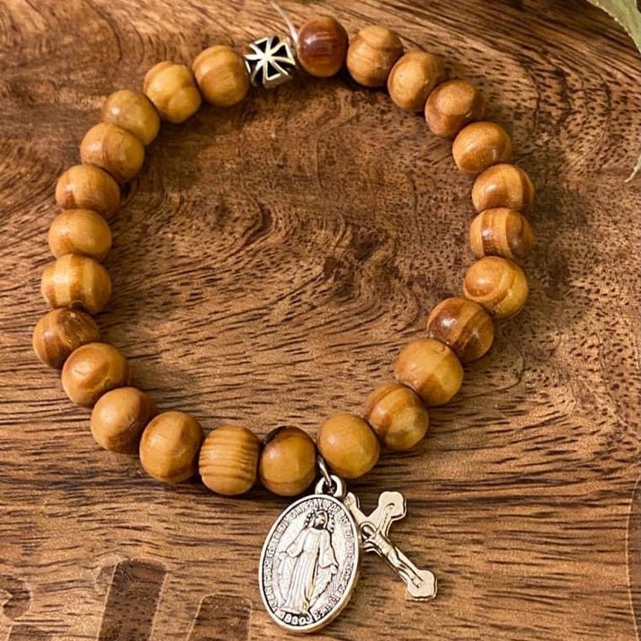 Religious Bracelets - Wooden Beaded Bracelet With Cross Charm