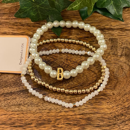 Bracelets - Faux Pearl And Gold Beaded Stretch Bracelet Set