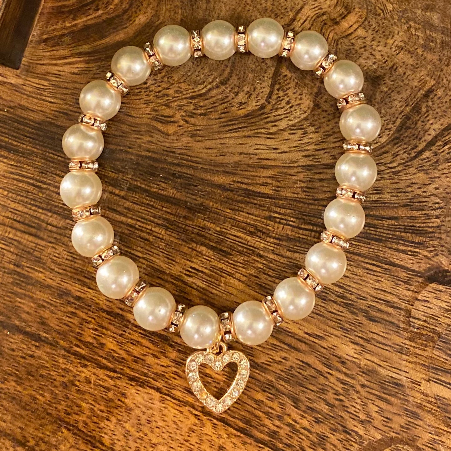 Pearl and Rhinestone Stretch Bracelet With Gold Heart Charm