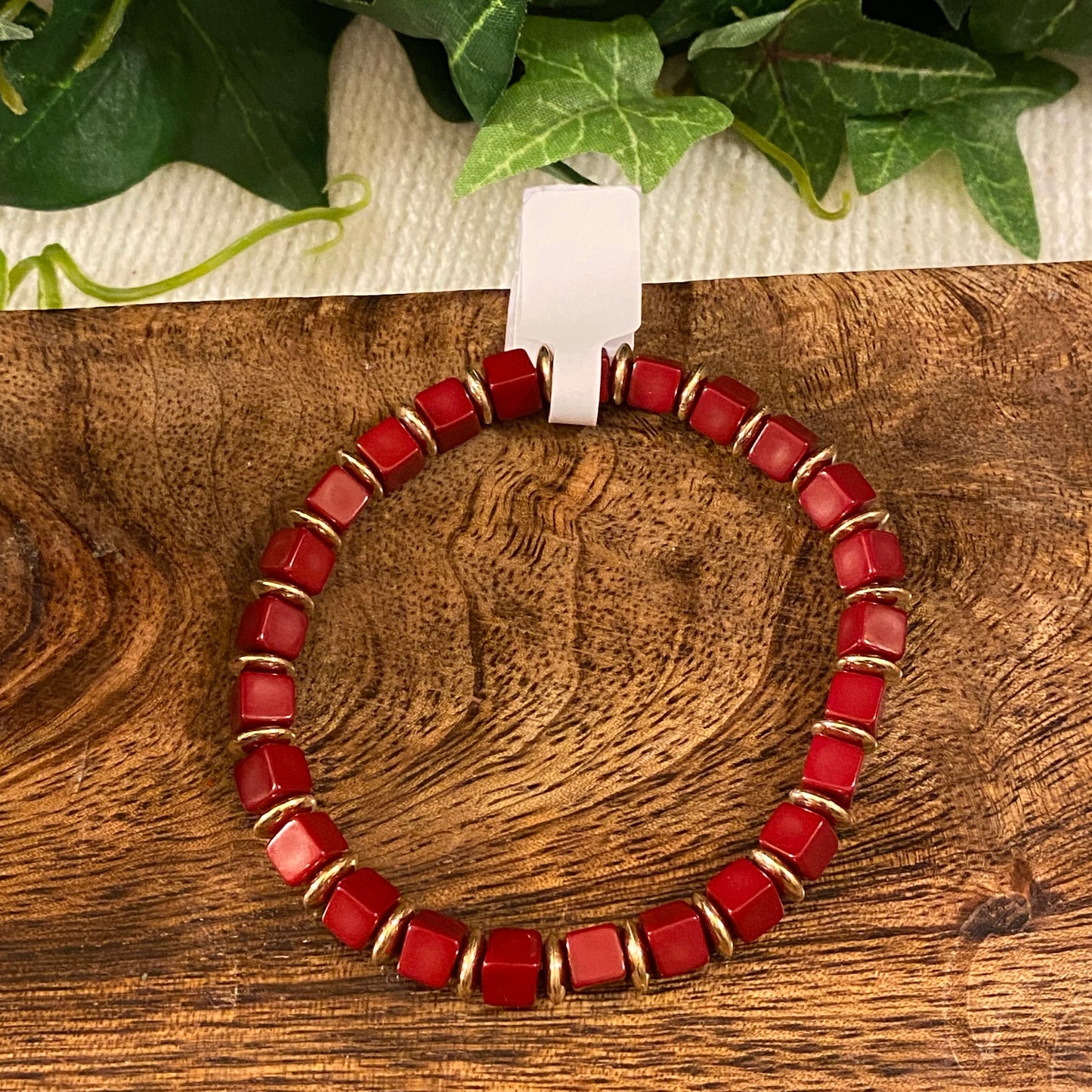 Red Beaded with Gold Accent Stretch Bracelet
