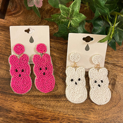 Easter Bunny Seed Beaded Drop Earrings