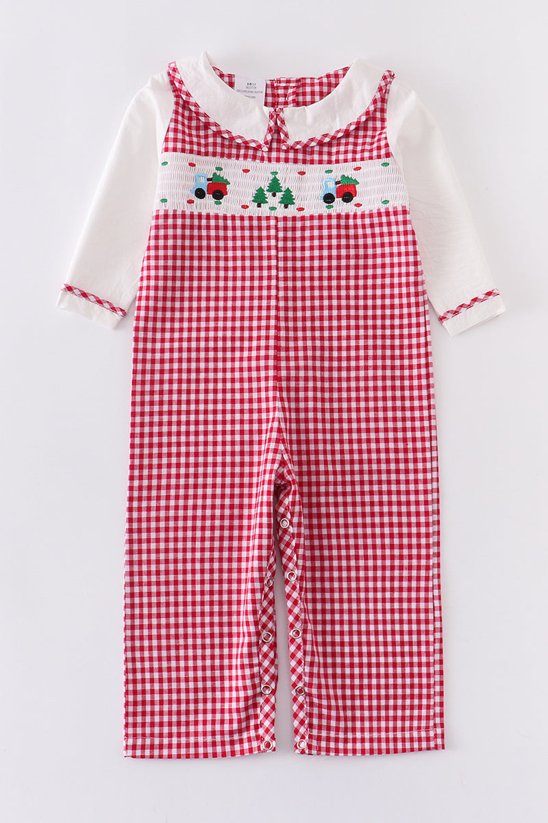 Red Checkered Christmas Truck Smocked Baby Romper