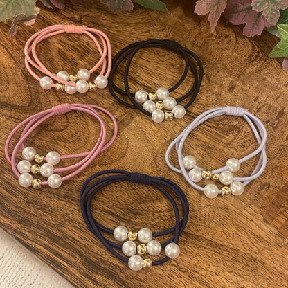 Boxed Ponytail Holder Set With Pearl and Gold Bead Accent