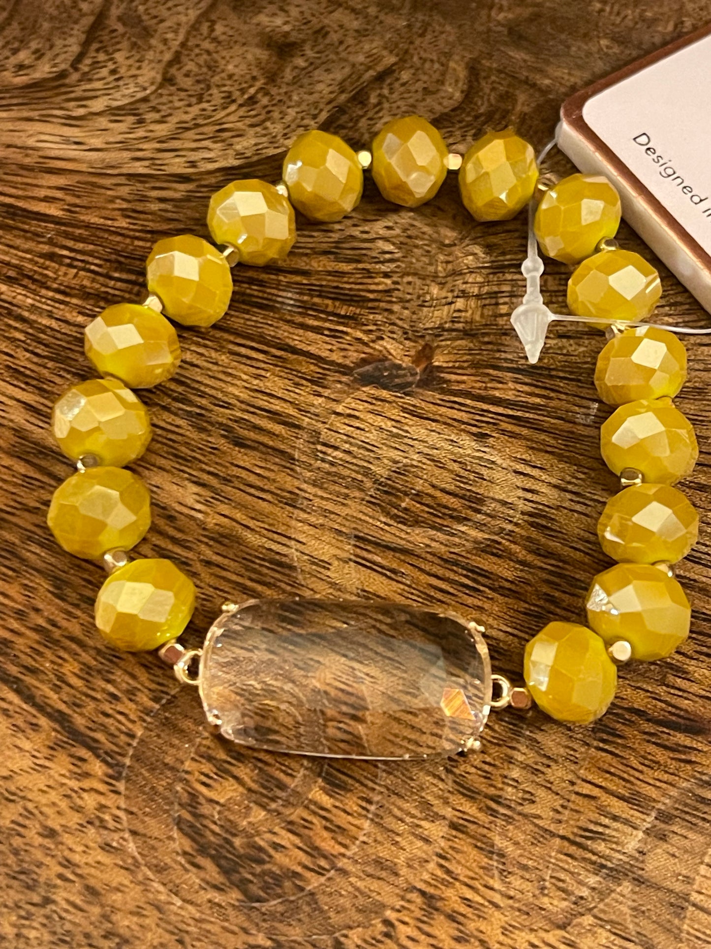 Mustard Color Beaded Stretch Bracelet with Clear Center Stone