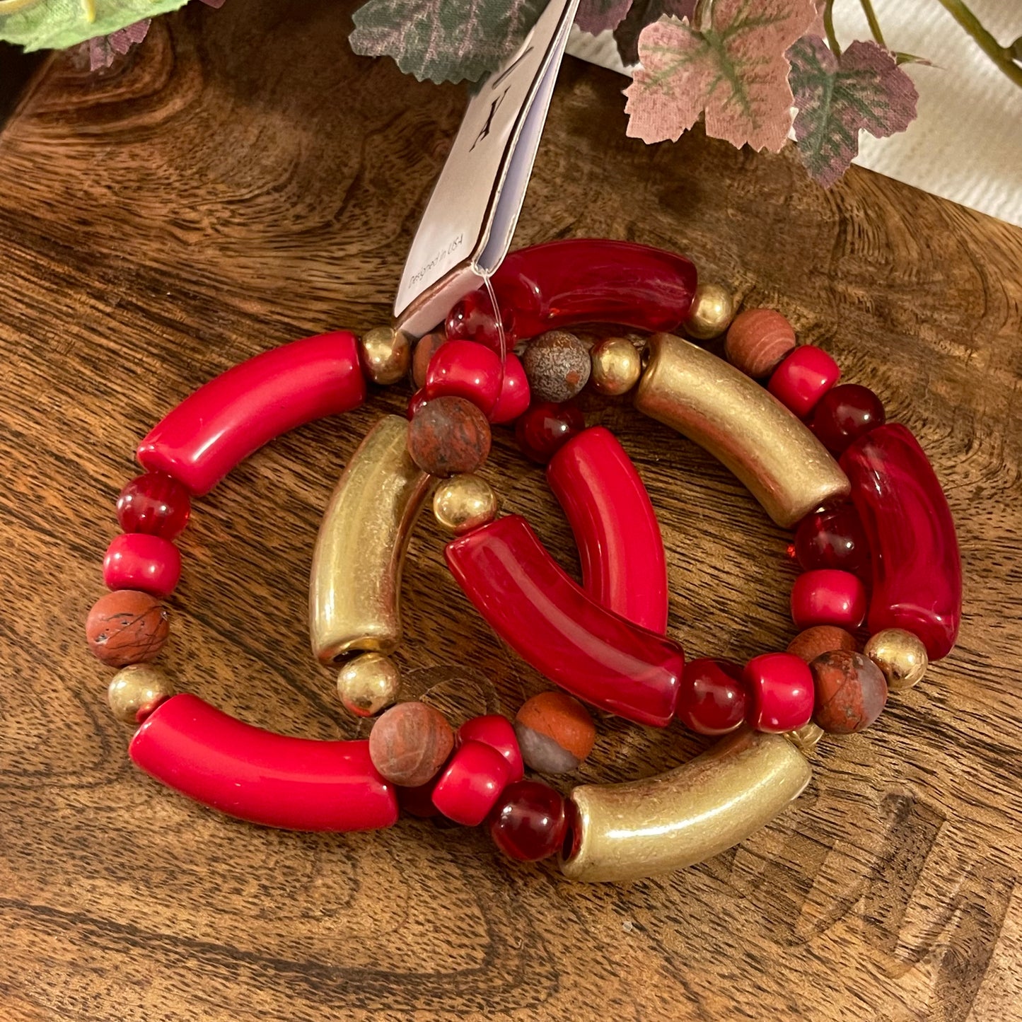 Gold and Red Acrylic Tube Bracelet