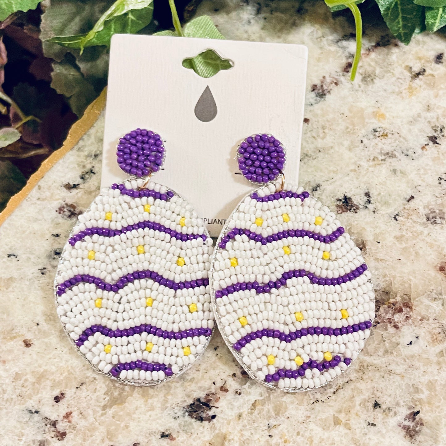 Easter Egg Seed Beaded Drop Earring With Dyed Print Designs