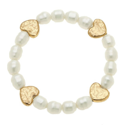 Pearl Stretch Bracelet With Gold Heart Accents
