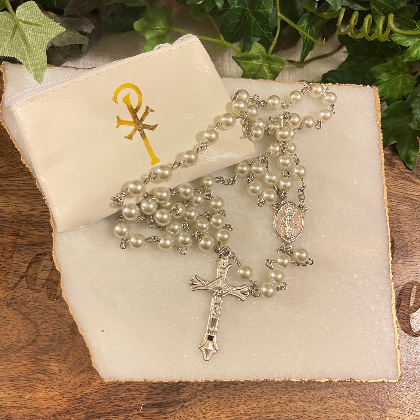 White Pearl Rosary with Pouch