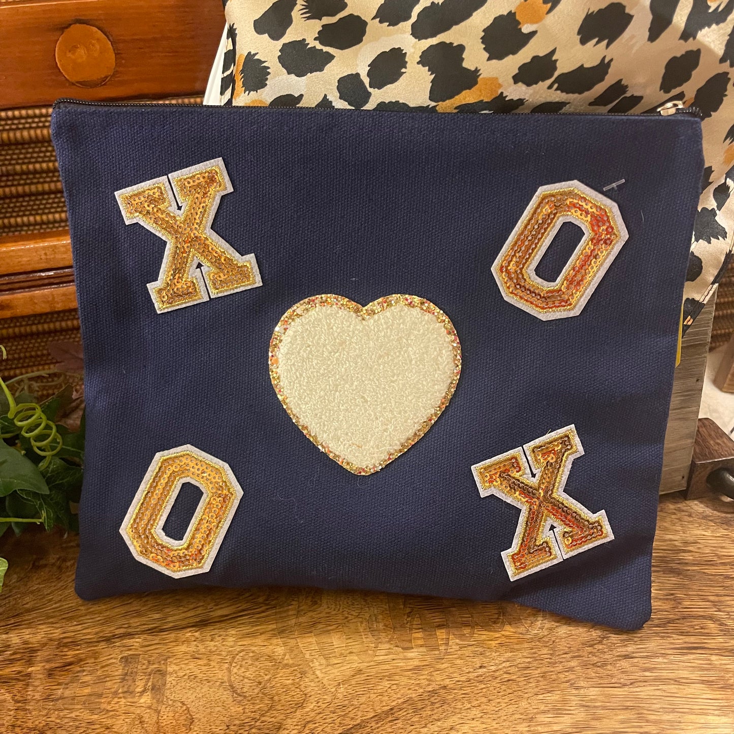 Cosmetic Bag Navy 9” x 8” Chenille Heart Patch and Sequins