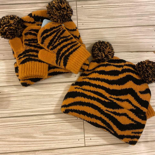 Tiger Print Baby Two Pom Hat & Glove Set