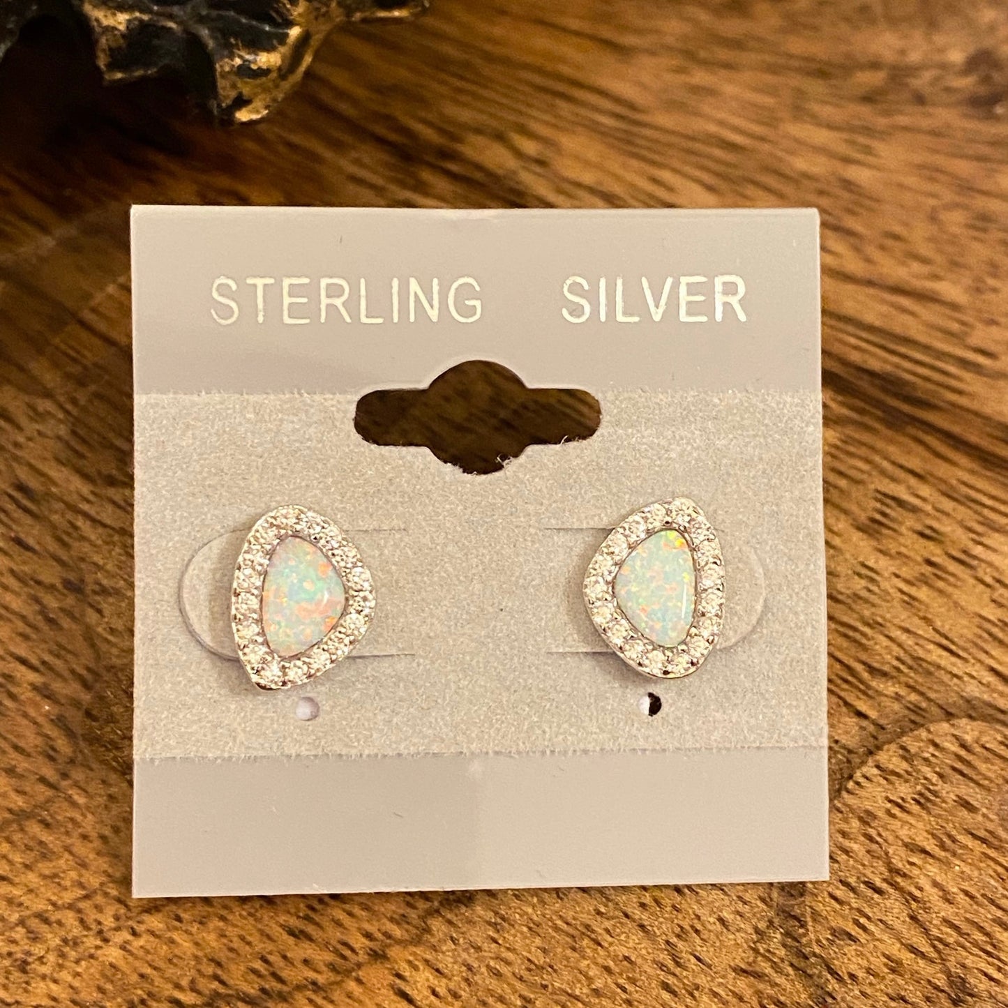 Sterling Silver Oblong Opal and CZ Stud Earrings