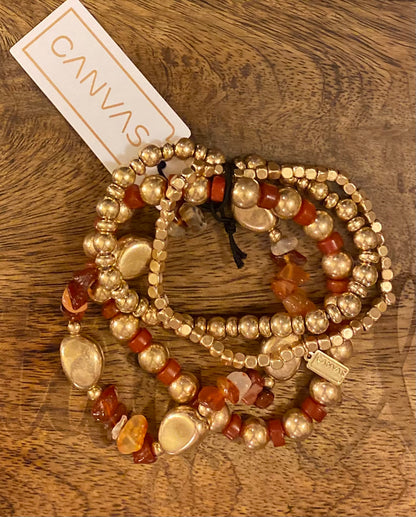 Rust Red Carnelian  And Gold Beaded Bracelet Set