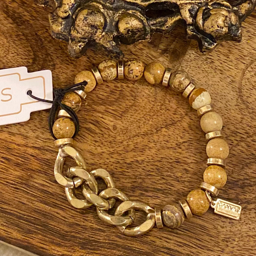Bracelets - Brown Jasper Stretch Bracelet With Gold Chain Accents