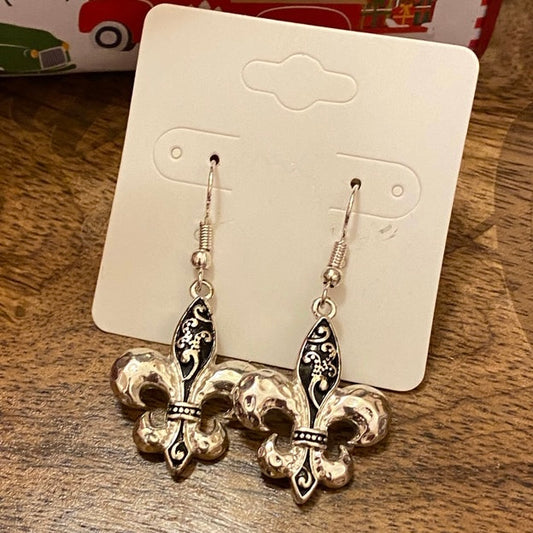 Fleur De Lis Silver Dangle Earrings