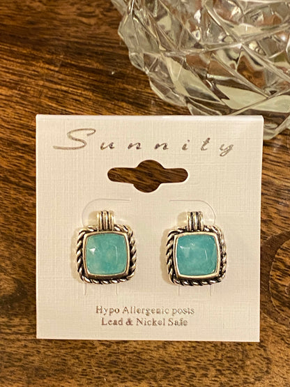 Silver Post Back Earrings Center Turquoise Stone