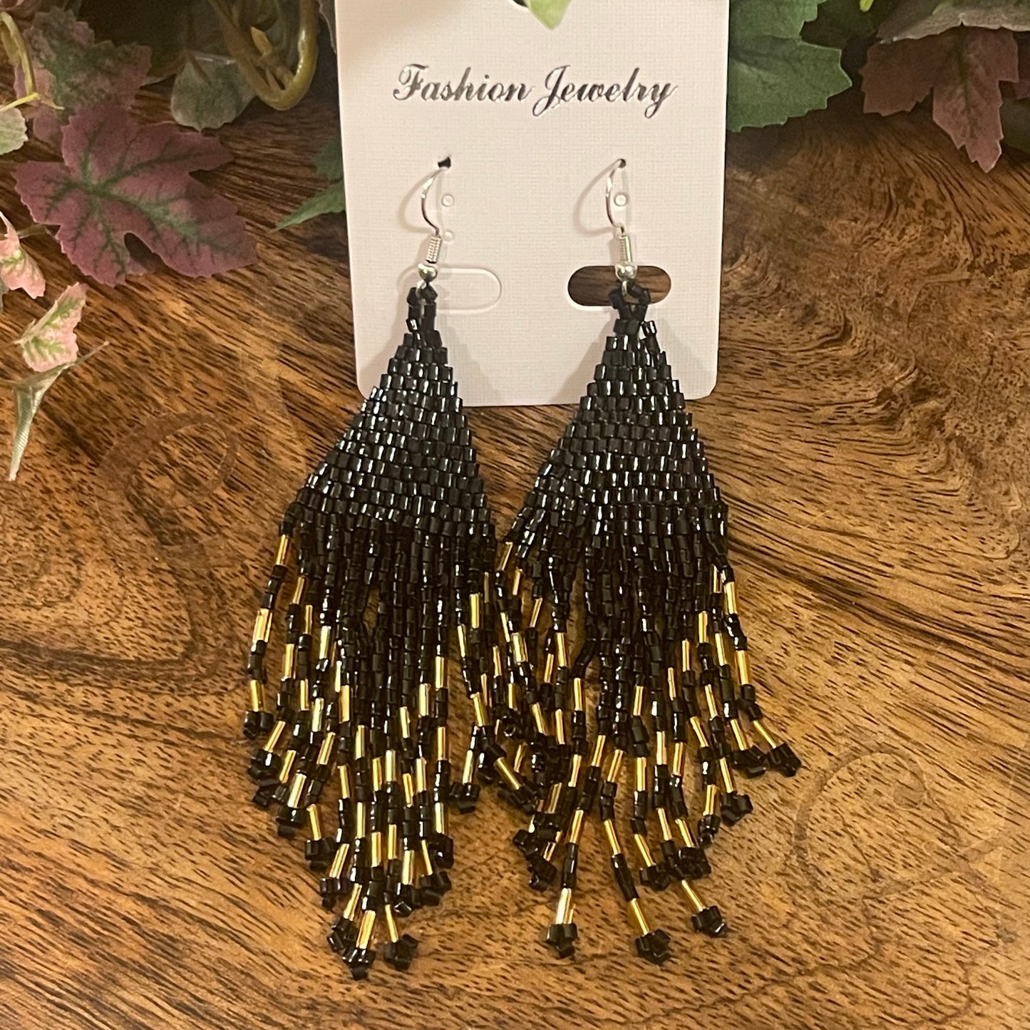Black and Gold Seed Bead Fringe Dangle Earrings
