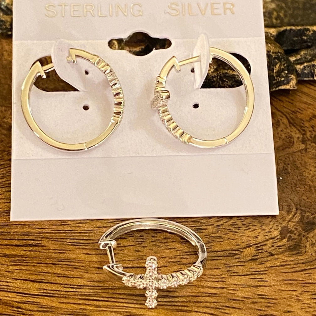 Sterling Silver Bubbly Cross Hoops Round Cut Clear CZ Earrings