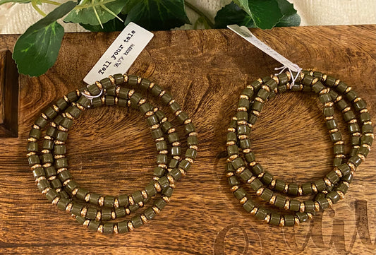 Bracelets - Olive Green & Gold Beaded Stretch Bracelet Set