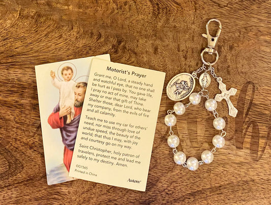 Saint Christopher Travel Clip Pearl or Black Bead