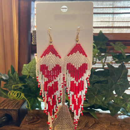 Valentine’s Day: Heart Seed Bead Fringe Dangle Earrings or Pink zHearts