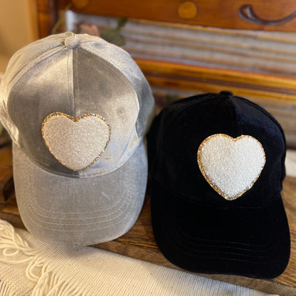 Velvet C.C Ponytail Hat With Adjustable Backs and Chenille Heart