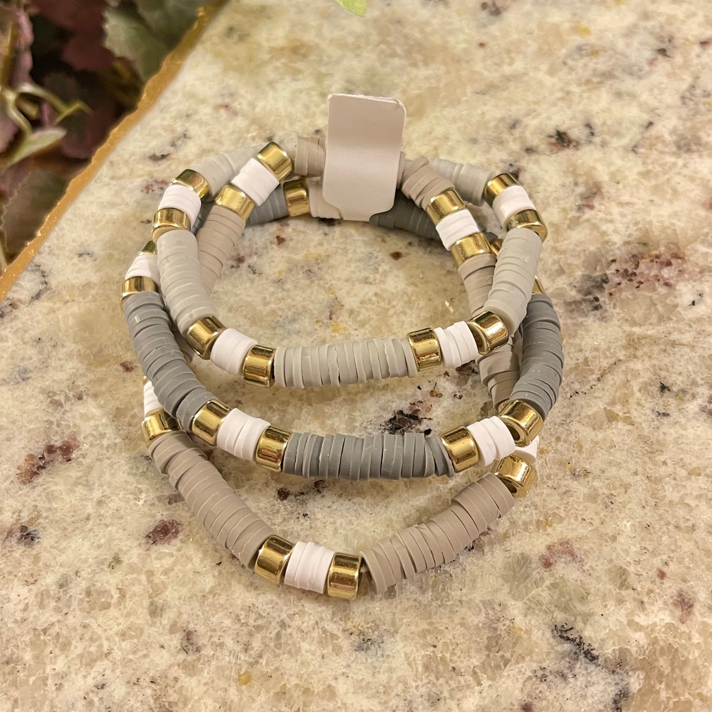 Heishi Bead Gray Multi Colored Stretch Bracelet Set Of Three