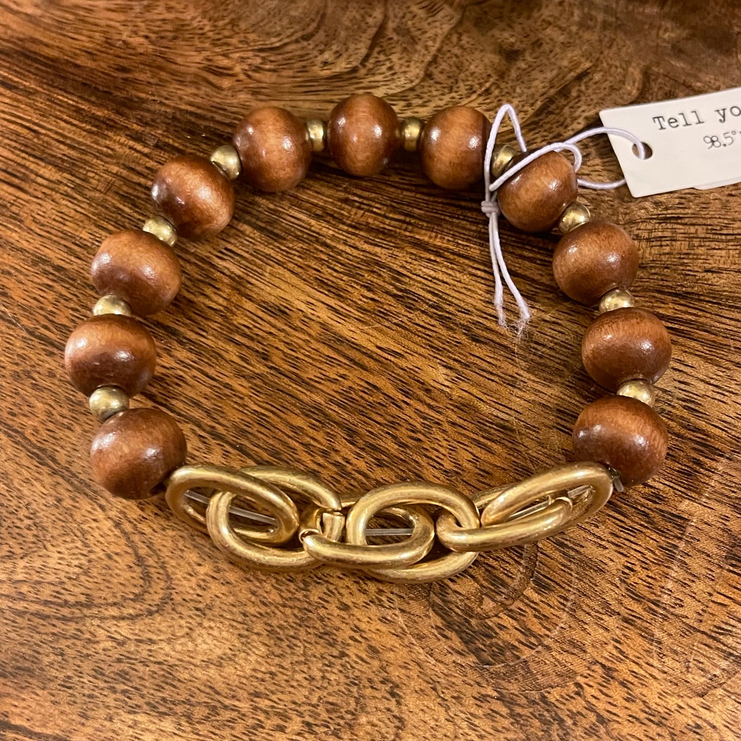 Bracelets- Beaded Wood Stretch Bracelet with Chainlink Accent