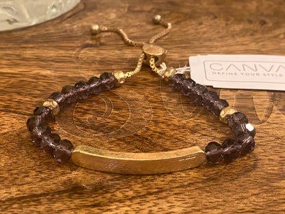 Bracelets - Purple Beaded Bolo Bracelet With Gold Bar