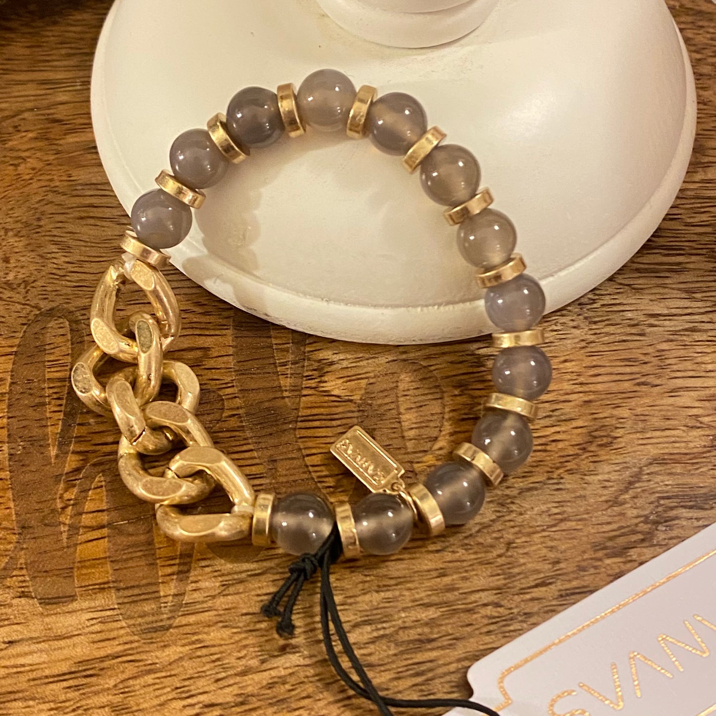 Gray Agate Stone Stretch Bracelet With Gold Chain Accents