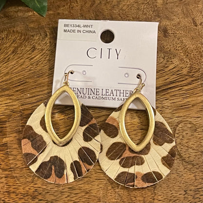 Animal Print Leather And Gold Metal Dangle Earrings