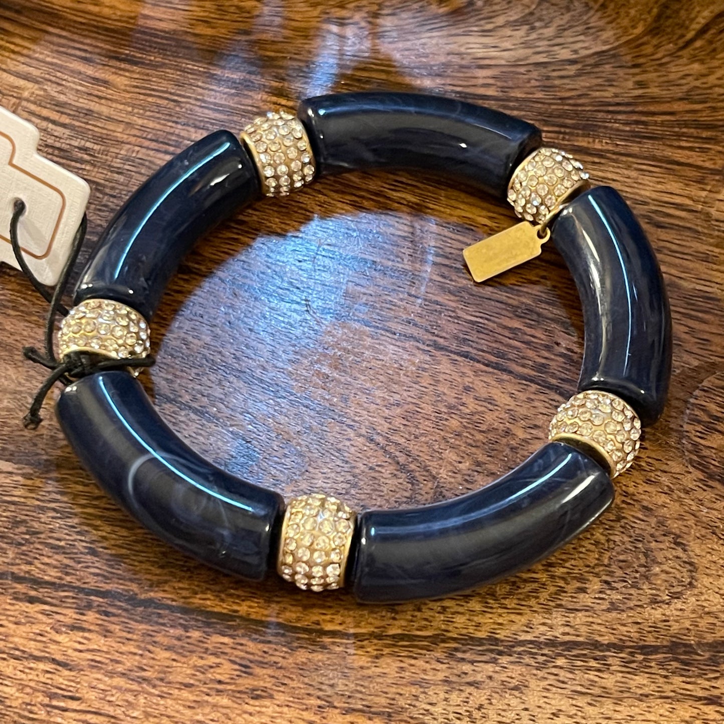 Bracelets - Navy Acrylic Tube Bead Stretch Bracelet With Rhinestone Accent Beads